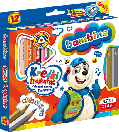 Kredki trójkątne BAMBINO w oprawie drewnianej 12kol. temperówka